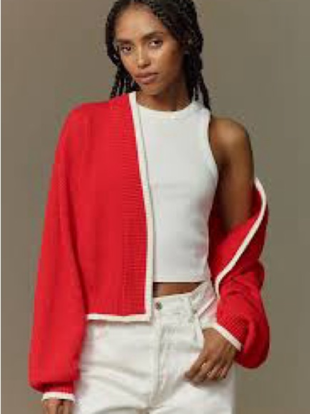 Anthropologie Red Cropped Cardigan with White Trim